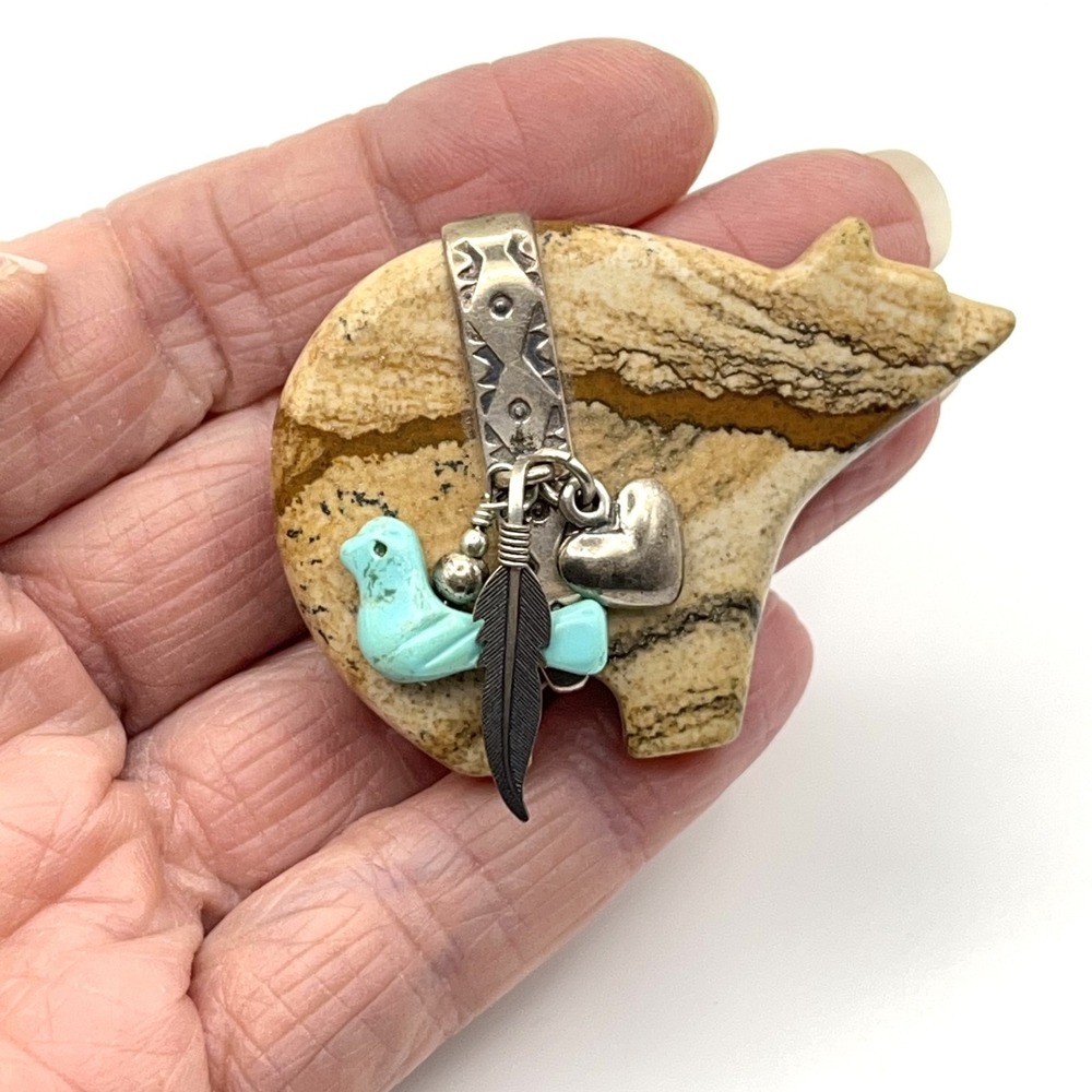 Vintage Southwestern Bear Brooch Sterling Silver Carolyn Pollack Jasper Fetish